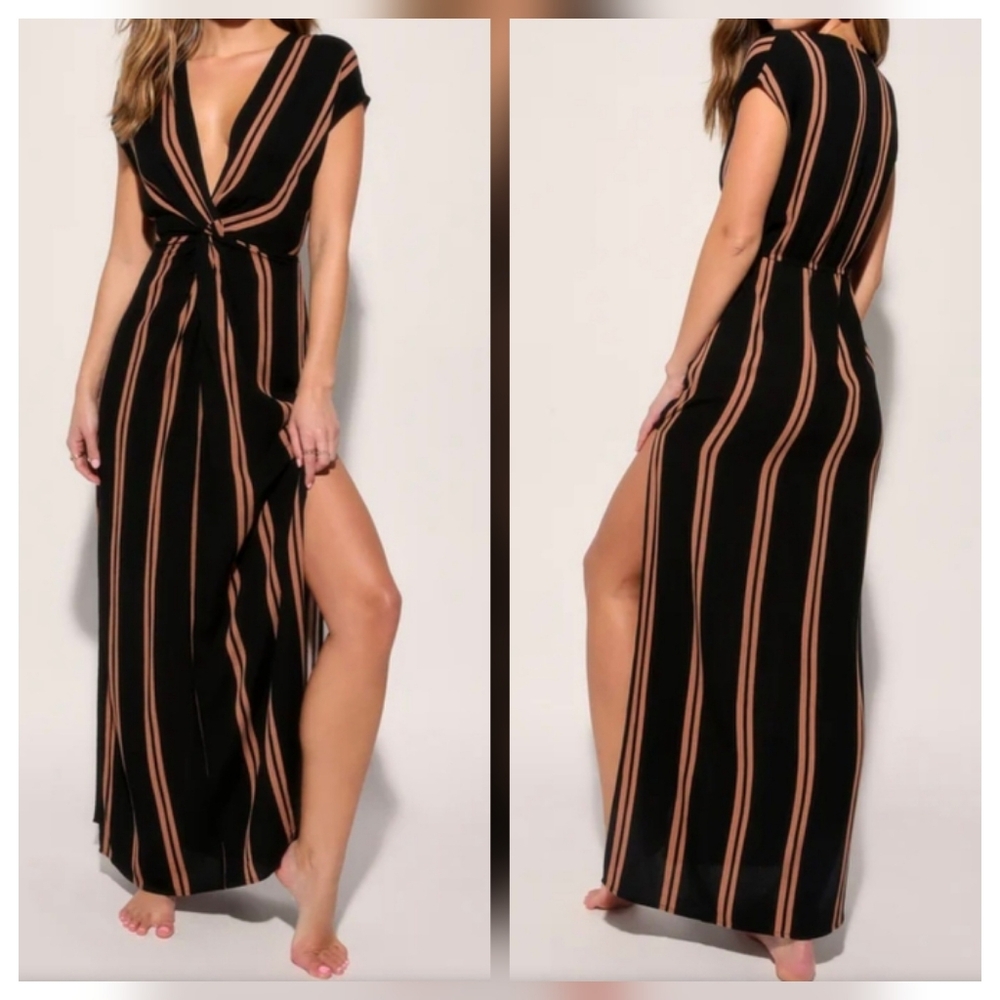 Lulus Coastal Grooves Black Brown Striped Swim Cover-Up